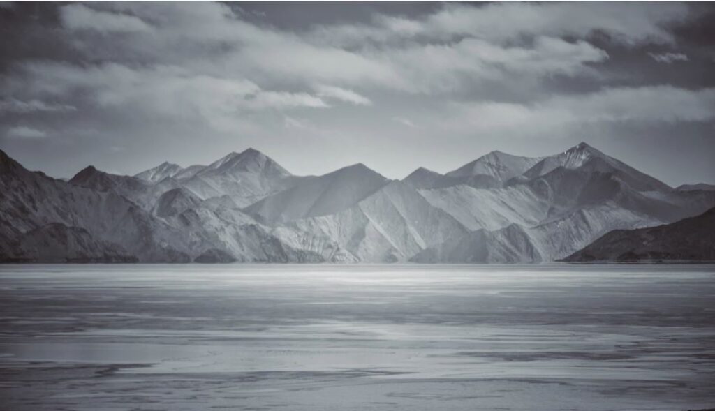 Frozen Pangong lake lake during extreme winters when the temperature dips as low as -20 degrees.